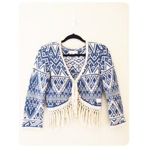 Odd Molly Blue White Knit Fringe Cardigan Sweater sz 1